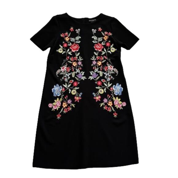 Chelsea & Theodore Black Pink Embroidered Floral Short Sleeve Shift Dress Size 6 - Picture 12 of 12